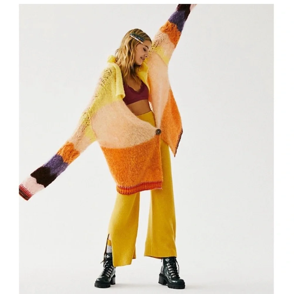 Free People Rainbow Daydream Tunic Cardi Sunset Mohair Alpaca Wool Cardigan XS/S